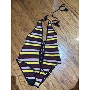 Indah Crochet One Piece Striped Bikini Bathing Suit Size Small